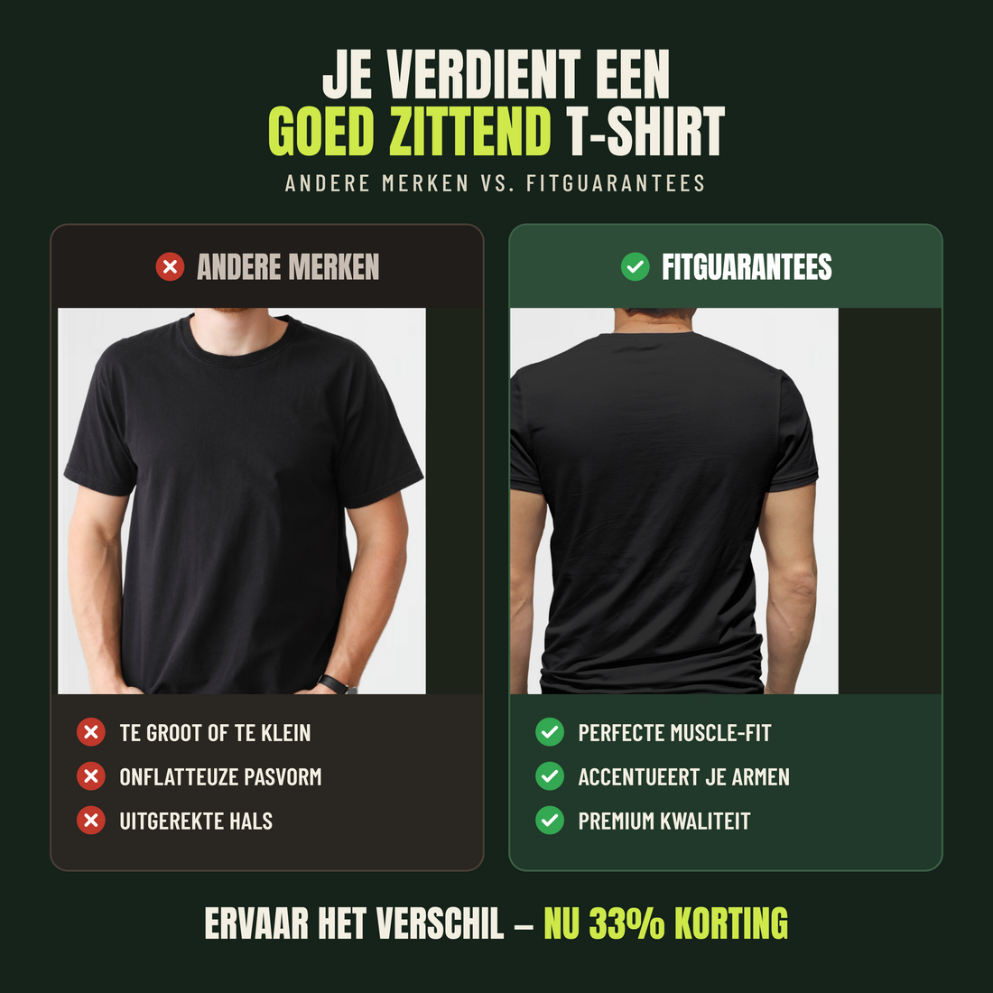 Vergelijking: andere merken versus de FitGuarantees t-shirt pasvorm